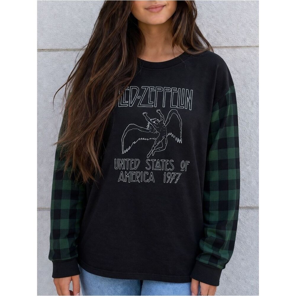 Upcycled Led Zeppelin Graphic Long Sleeve Tee with Green Plaid Relaxed Shirt